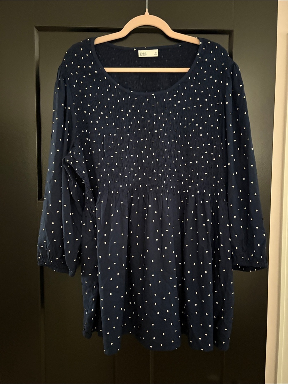 Croft & Barrow Navy/White Polka Dot Smocked Tunic. 3/4 Sleeves.Size 2X Plus Size